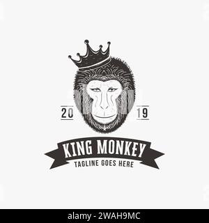 Vintage Hipster King monkey logo vector template, with hand drawn style on white background Stock Vector
