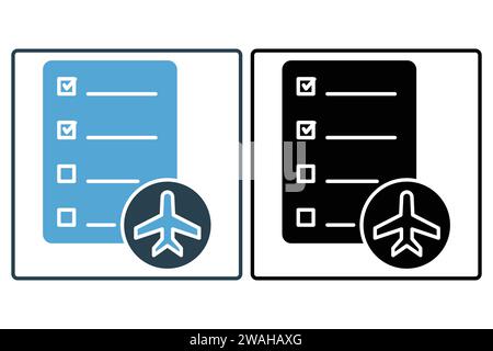 travel itinerary icon. checkmark with airplane. icon related to travel, planned travel schedule. solid icon style. element illustration Stock Vector