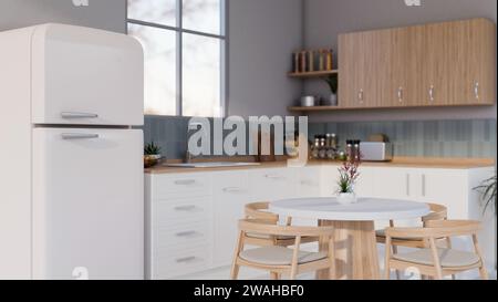 Interior of kitchen with stylish fridge, counters and utensils Stock ...