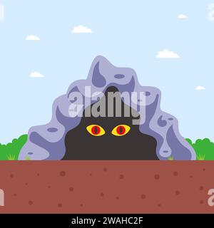 scary cave with a predatory animal. flat vector illustration. Stock Vector