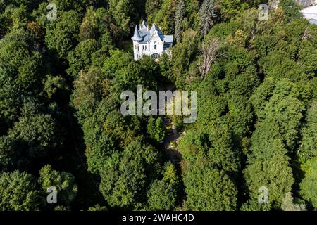 View from above of an old manor house in the middle of the forest. Vorobyovo estate at the beginning of the 20th century. Kaluga region, Russia Stock Photo