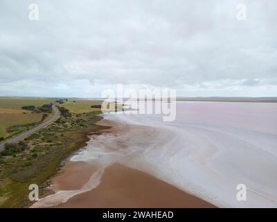 Aerial views of Lake Bumbunga (Lochiel's Pink Lake) in the Clare Valley of South Australia Stock Photo