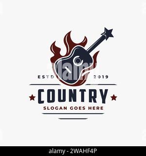 On fire guitar Country Music Western Vintage Retro Saloon Bar Cowboy logo design vector template on white background Stock Vector