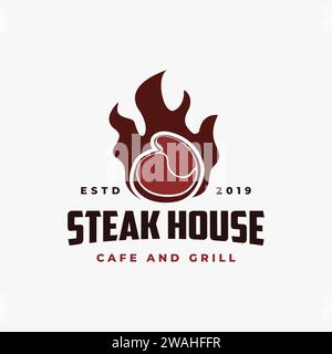 beef meat on fire Vintage Retro Cafe Bar steak logo icon vector template on white background Stock Vector