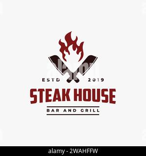 Butcher knife and fire logo icon, Vintage Retro Cafe Bar Steak House logo template on white background Stock Vector