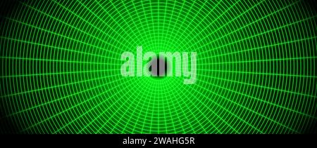 Green glowing wireframe tunnel. Neon wormhole in dark space. Grid tunnel in perspective. Funnel or portal illusion. Circular mesh structure tube. Vector optical illusion art Stock Vector