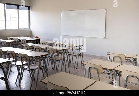 empty classroom, whiteboard and window Stock Photo