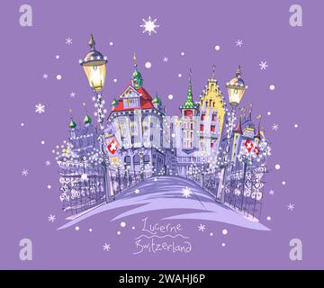 Night winter Old Town of Lucerne, Switzerland Stock Vector