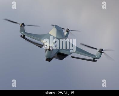 Rear view of Military Drone euipped with surveillance camera flying in the sky.3D rendering image. Stock Photo