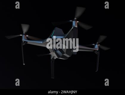Multicopter with surveillance camera flying in the night sky. Concept for security and privacy. 3D rendering image. Stock Photo