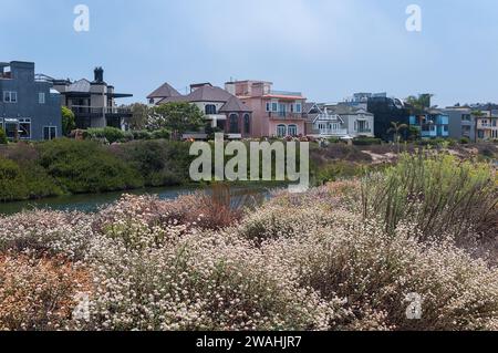 Los Angeles, California, USA – July 17, 2022. Ballona Lagoon and nearby houses – ecological reserve located in Marina Peninsula neighborhood of Los An Stock Photo