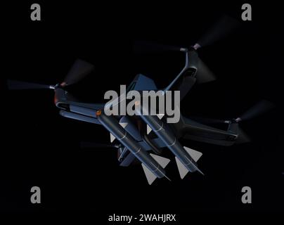 Military Combat Drone equipped  with missiles flying in the night sky. 3D rendering image. Stock Photo