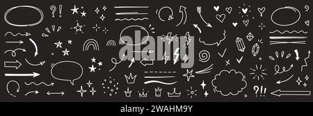 Sketch line arrow element, star, heart shape on chalkboard background. Hand drawn doodle sketch style circle, cloud speech bubble grunge element. Arrow, star, heart decoration. Vector illustration Stock Vector