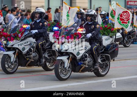 Motorcycle Pasadena Police Officers shown driving on Colorado Boulevard in Pasadena during the 135th Rose Parade. Stock Photo