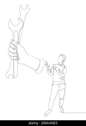 One continuous line of Man pointing with finger at Wrench. Thin Line Illustration vector concept. Contour Drawing Creative ideas. Stock Vector