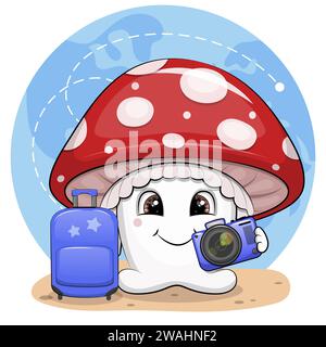 Cute cartoon mushroom traveler holding a camera and standing next to a luggage bag. Travel fly agaric vector illustration on blue background. Stock Vector
