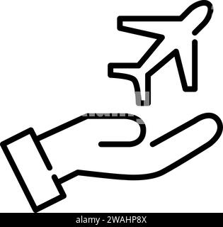 Hand holding a plane taking away. Airlines company. Pixel perfect, editable stroke icon Stock Vector