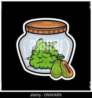 Papaya Fruit Flavor With Cartoon Mascot of Weed Bud On Jar. For Sticker and label. Vector and Illustration. Stock Vector
