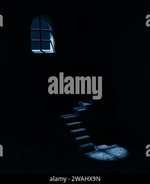 Stone staircase in an old castle in the moonlight. Stock Photo