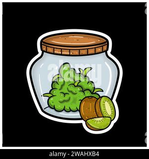 Kiwi Fruit Flavor With Cartoon Mascot of Weed Bud On Jar. For Sticker and label. Vector and Illustration. Stock Vector