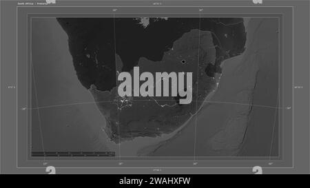 South Africa highlighted on a Grayscale elevation map with lakes and rivers map with the country's capital point, cartographic grid, distance scale an Stock Photo