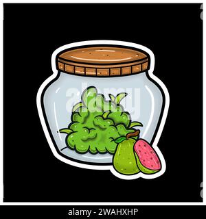 Guava Fruit Flavor With Cartoon Mascot of Weed Bud On Jar. For Sticker and label. Vector and Illustration. Stock Vector