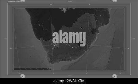 South Africa highlighted on a Grayscale elevation map with lakes and rivers map with the country's capital point, cartographic grid, distance scale an Stock Photo