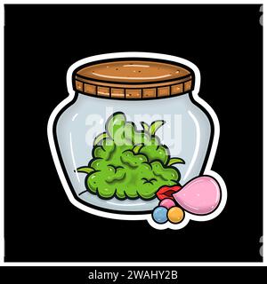 Bubble Gum Flavor With Cartoon Mascot of Weed Bud On Jar. For Sticker and label. Vector and Illustration. Stock Vector