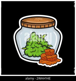 Caramel Flavor With Cartoon Mascot of Weed Bud On Jar. For Sticker and label. Vector and Illustration. Stock Vector