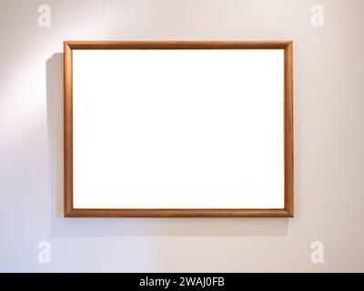 Mockup white blank space in thin wooden square picture frame, horizontal style, isolated. Empty single vintage brown rectangular simple photo frame ha Stock Photo
