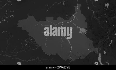 South Sudan highlighted on a Grayscale elevation map with lakes and rivers Stock Photo