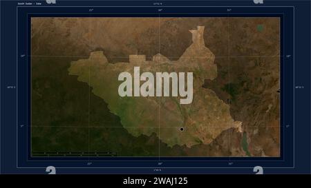 South Sudan highlighted on a low resolution satellite map map with the country's capital point, cartographic grid, distance scale and map border coord Stock Photo