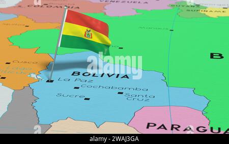 Bolivia, La Paz - national flag pinned on political map - 3D illustration Stock Photo