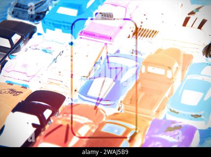 Battery symbol with cars as background. Concept of Electric cars. Stock Photo