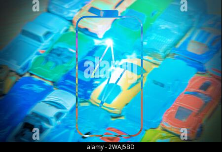 Battery illustration with different cars as background, concept of electric vehicles. Stock Photo