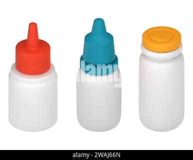 3D Vector nasal, eye drops, closed plastic container with medicines. Container with medical drug for nose, eyes. Vector illustration in cartoon minima Stock Vector