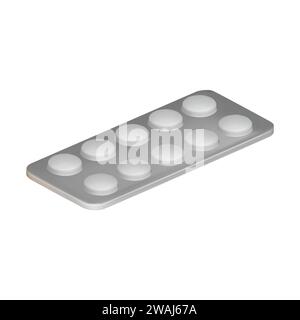 3D vector medical drugs, tabs in package, silver blister with pills. Round medicament painkillers, tablets, antibiotics, active additives. Healthcare Stock Vector