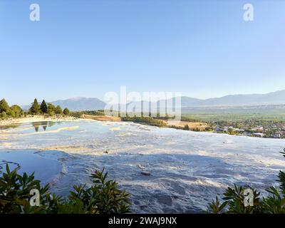 A scenic view of Pamukkale Travertines and Hierapolis Ancient City in Denizli, Turkey Stock Photo