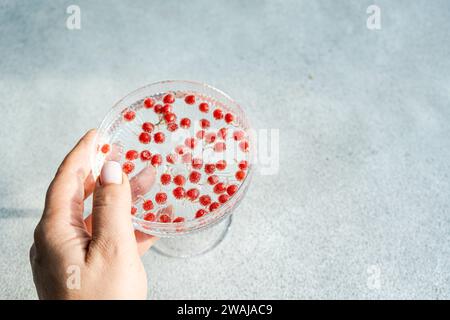 A delicate hand presents a transparent saucer filled with small red berries, casting a shadow on a textured surface Stock Photo