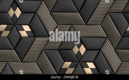 3D soft geometry of high quality tiles with realistic texture made from black leather with golden decor stripes and rhombus Stock Photo