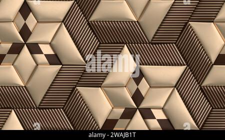 3D soft geometry high quality realistic texture tiles made from brown and golden leather with golden decor stripes and rhombus Stock Photo