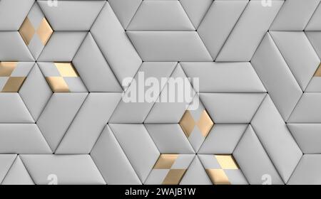 3D soft geometry tiles made from gray leather with golden decor. High quality seamless realistic texture. Stock Photo
