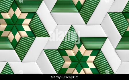 3D soft geometry tiles made from green and white leather with golden decor stripes and rhombus realistic texture Stock Photo