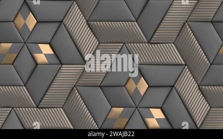 3D soft geometry of high quality tiles with realistic texture made from gray leather with golden decor stripes and rhombus Stock Photo