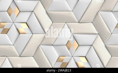 3D soft geometry of high quality tiles with realistic texture made from white leather with golden decor stripes and rhombus Stock Photo