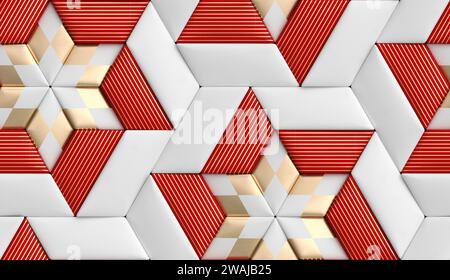 3D soft geometry high quality seamless realistic texture tiles made from red and white leather with golden decor stripes and rhombus Stock Photo