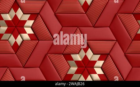 3D high quality seamless realistic texture tiles soft geometry form made from red leather with golden decor stripes and rhombus Stock Photo