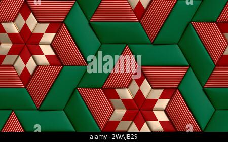 3D high quality seamless realistic texture tiles soft geometry form made from green leather with golden and red decor stripes and rhombus Stock Photo