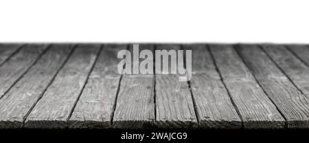 Dark Gray Wooden Desk Table or Floor. Old Wooden Boards Isolated on White Stock Photo