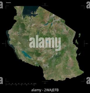 Shape of a high resolution satellite map of the Tanzania, with distance scale and map border coordinates, isolated on black Stock Photo